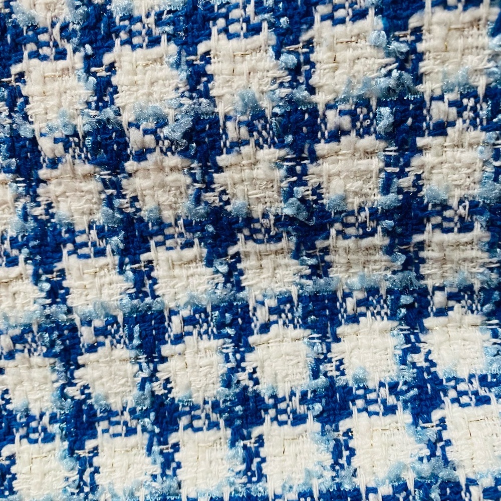 Ann Taylor Women Blue White Plaid Classic Tweed Fringe Trim Office Blazer Sz 16 - Picture 8 of 10